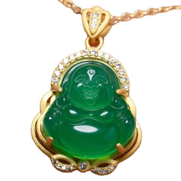 HAPPY BUDDHA PENDANT NECKLACE-925 Silver-Hotei-Green-Gold-Jewelry-Fast Shipping - Picture 3 of 11